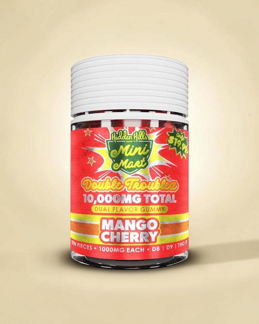 Frasco de gomitas Mi tienda Hidden Hills Club Mini Mart sabor mango y cereza con 10,000mg de potencia total