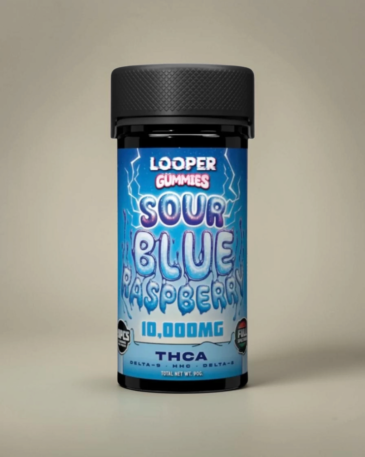 Frasco de gomitas Mi tienda Looper sabor frambuesa azul con 10,000 mg de cannabinoides THCA, Delta-9, HHC y Delta-8