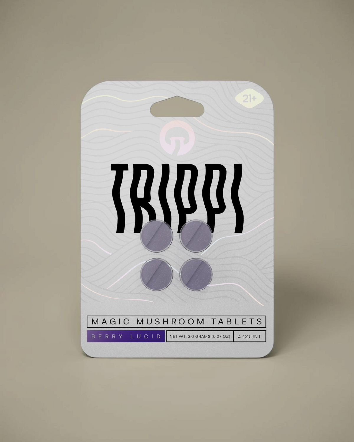 Empaque de Mi tienda con cuatro tabletas comestibles de hongos TRIPPI sabor Berry Lucid para adultos