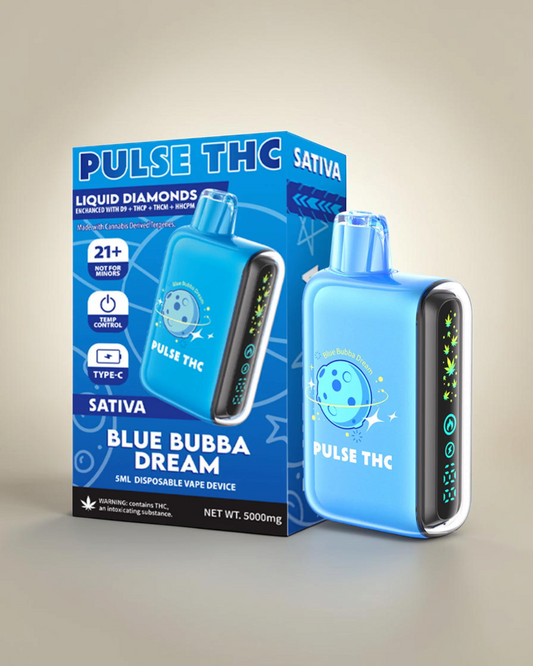Vaporizador desechable Mi tienda Pulse THC Blue Bubba Dream con pantalla digital y diseño ergonómico azul brillante
