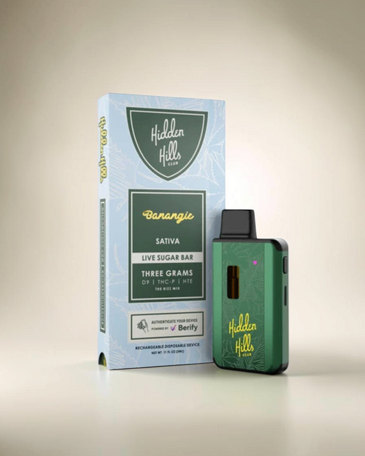 Vaporizador desechable Mi tienda Hidden Hills Club Banangie Sativa de 3 gramos con caja de empaque verde