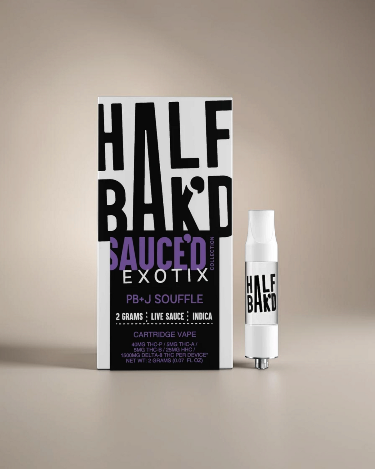 Cartucho de vapeo Mi tienda Half Bak'd Sauced Exotix PB+J Souffle de 2 gramos con formulación Indica Live Sauce