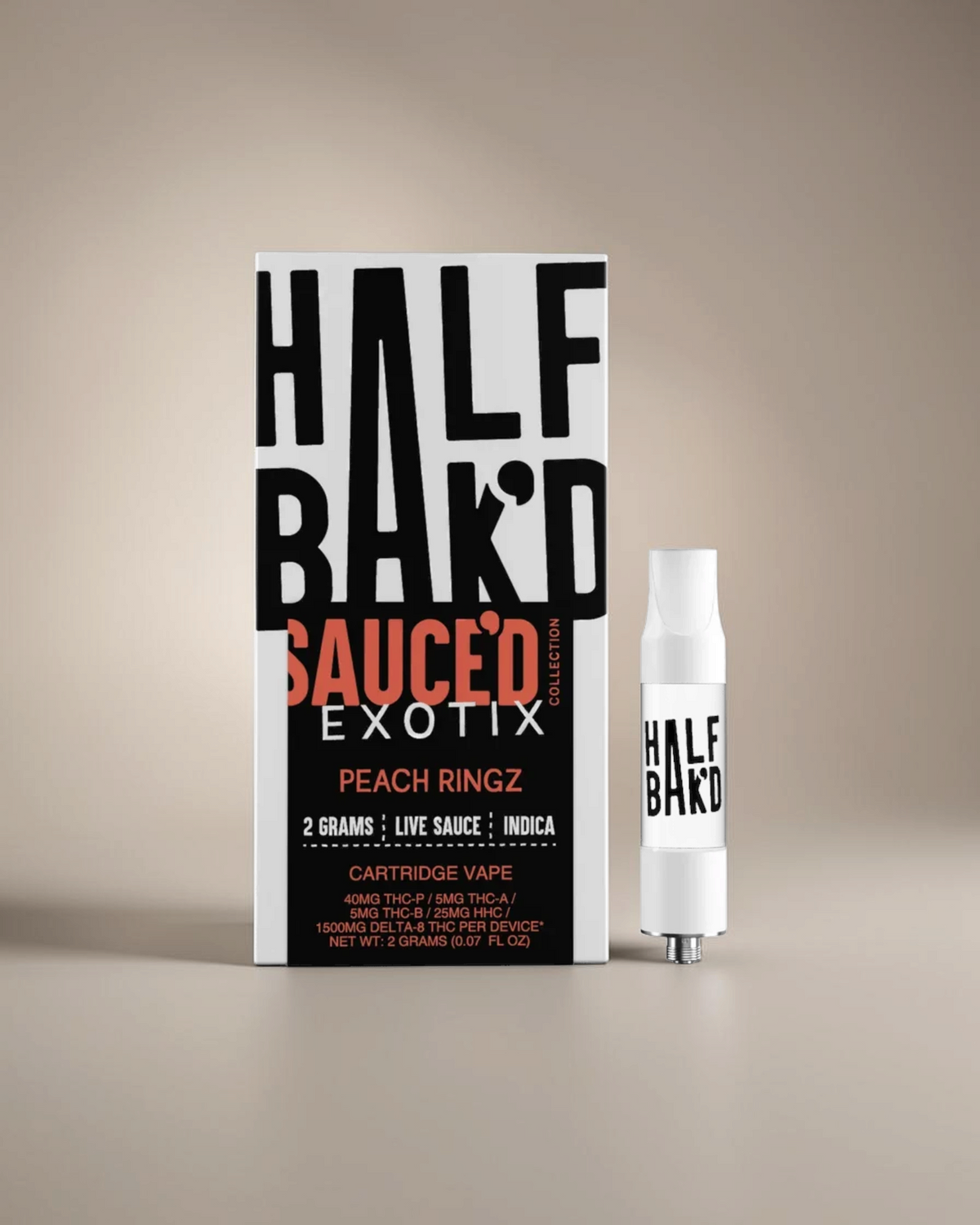 Cartucho de vapeo Mi tienda Half Bak'd Sauced Exotix Peach Ringz de 2 gramos con formulación Indica Live Sauce.