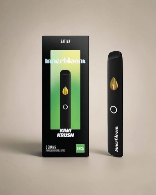 Dispositivo desechable Mi tienda Innerbloom THCA Kiwi Krush de 3 gramos en color negro mate con diseño ergonómico.