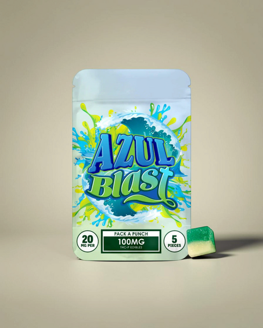 Empaque de gomitas comestibles Azul Blast de Mi tienda con 100mg de THC-P y una gomita verde y blanca al frente