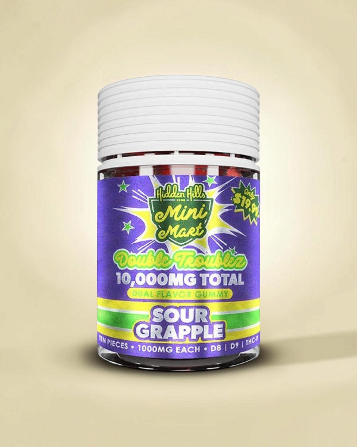 Frasco de gomitas Mi tienda Hidden Hills Club Mini Mart Double Troublz sabor Sour Grapple de 10,000mg