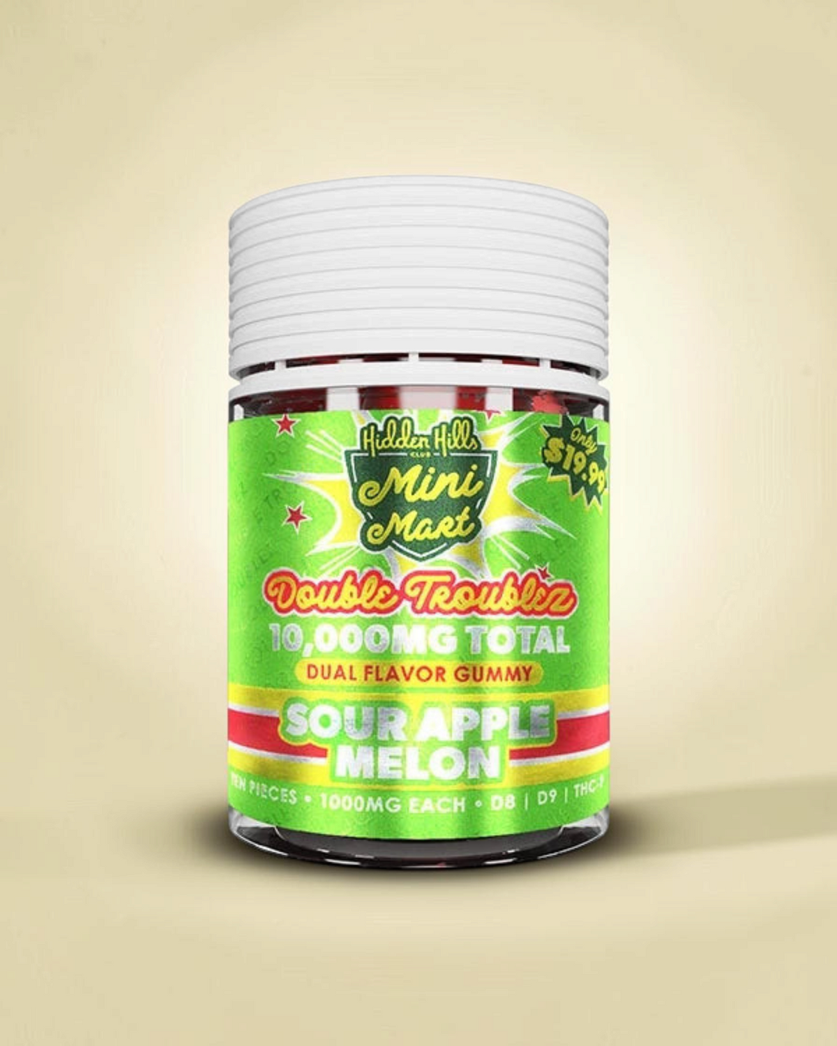 Frasco de gomitas Mi tienda Hidden Hills Club Mini Mart Double Troublz sabor manzana verde y melón de 10,000mg
