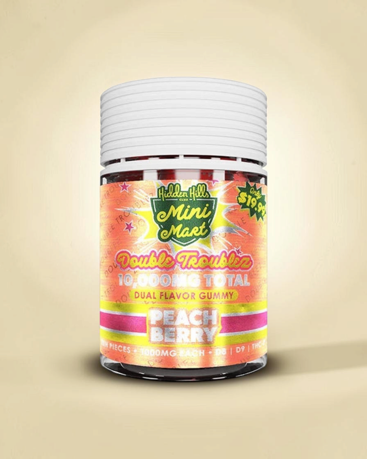 Frasco de gomitas Mi tienda Hidden Hills Club Mini Mart Double Troublz sabor Peach Berry de 10,000mg