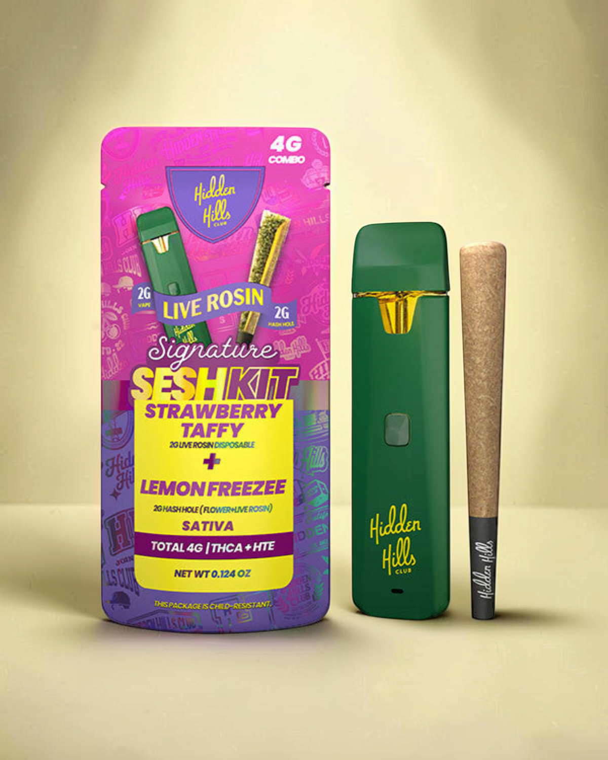 Kit Mi tienda Hidden Hills Club con vaporizador verde de 2g y Hash Hole de 2g en empaque rosa vibrante