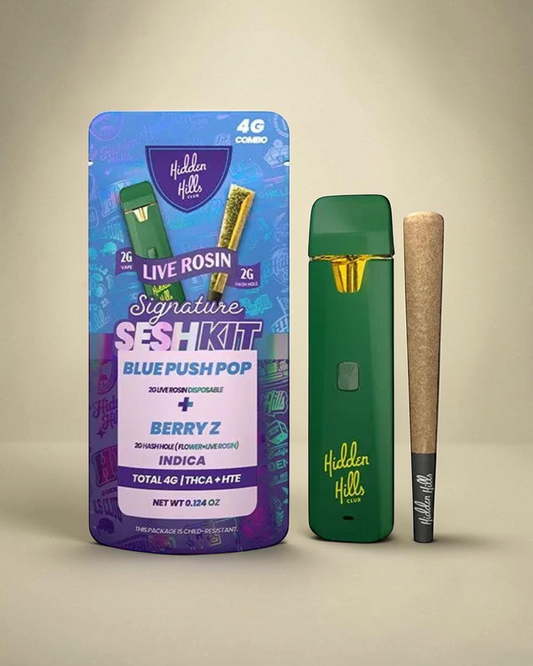 Kit Mi tienda Hidden Hills Club con vaporizador verde y Hash Hole en empaque morado con detalles de Blue Push Pop