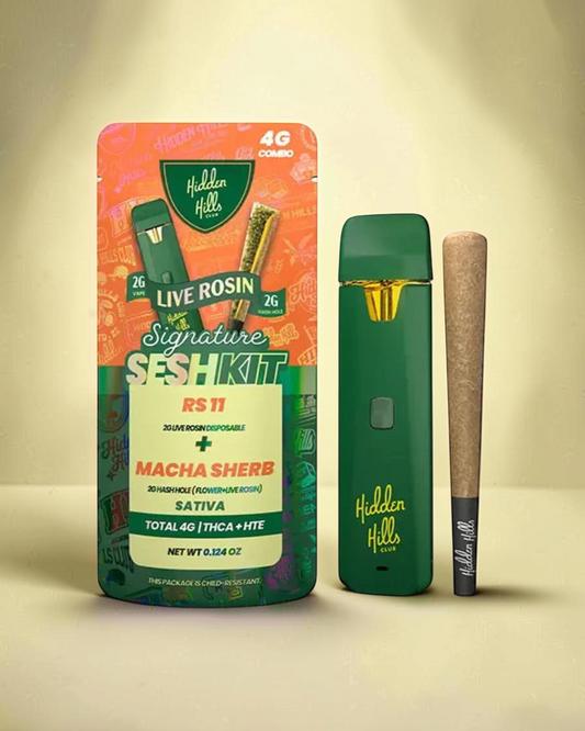 Kit Mi tienda Hidden Hills Club con vaporizador desechable verde y Hash Hole en empaque naranja y verde