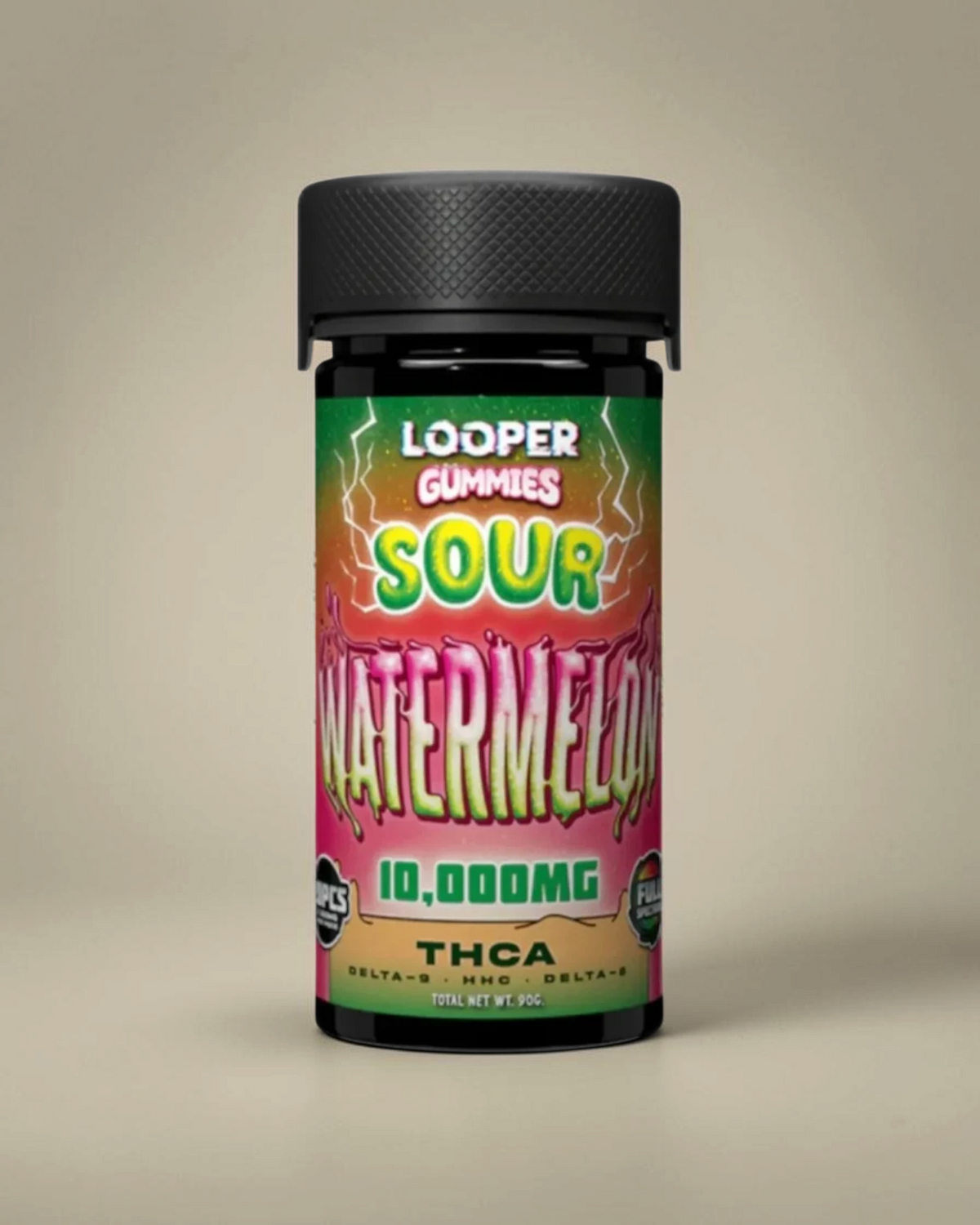 Frasco de gomitas Mi tienda Looper Sour Watermelon con 10,000 mg de cannabinoides, diseño vibrante y tapa negra.