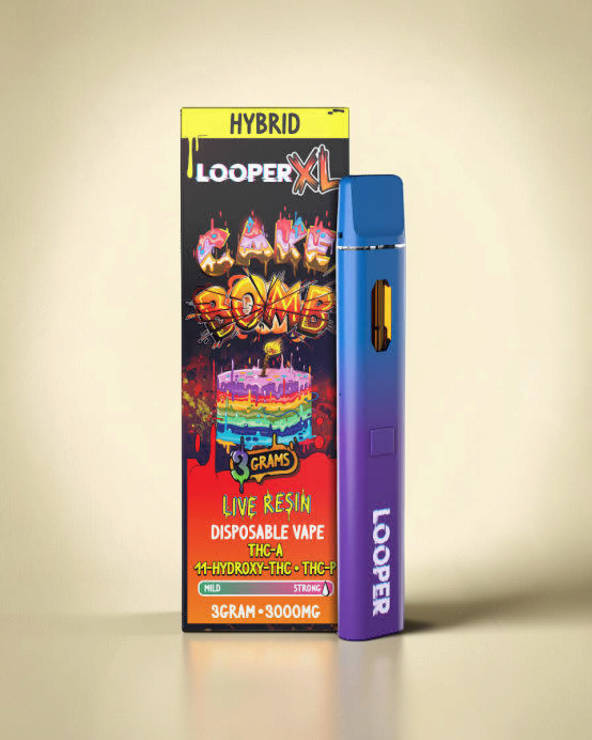 Vaporizador desechable Mi tienda Looper XL con acabado degradado azul y violeta y caja de producto Cake Bomb