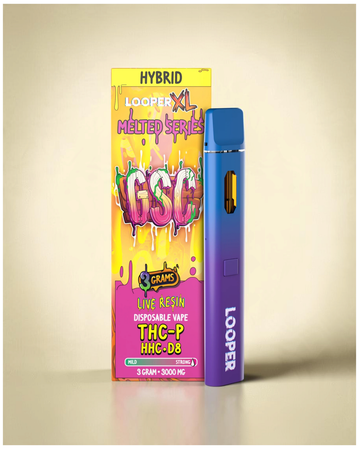 Vaporizador desechable Mi tienda Looper XL con acabado degradado azul y violeta y caja de presentación GSC