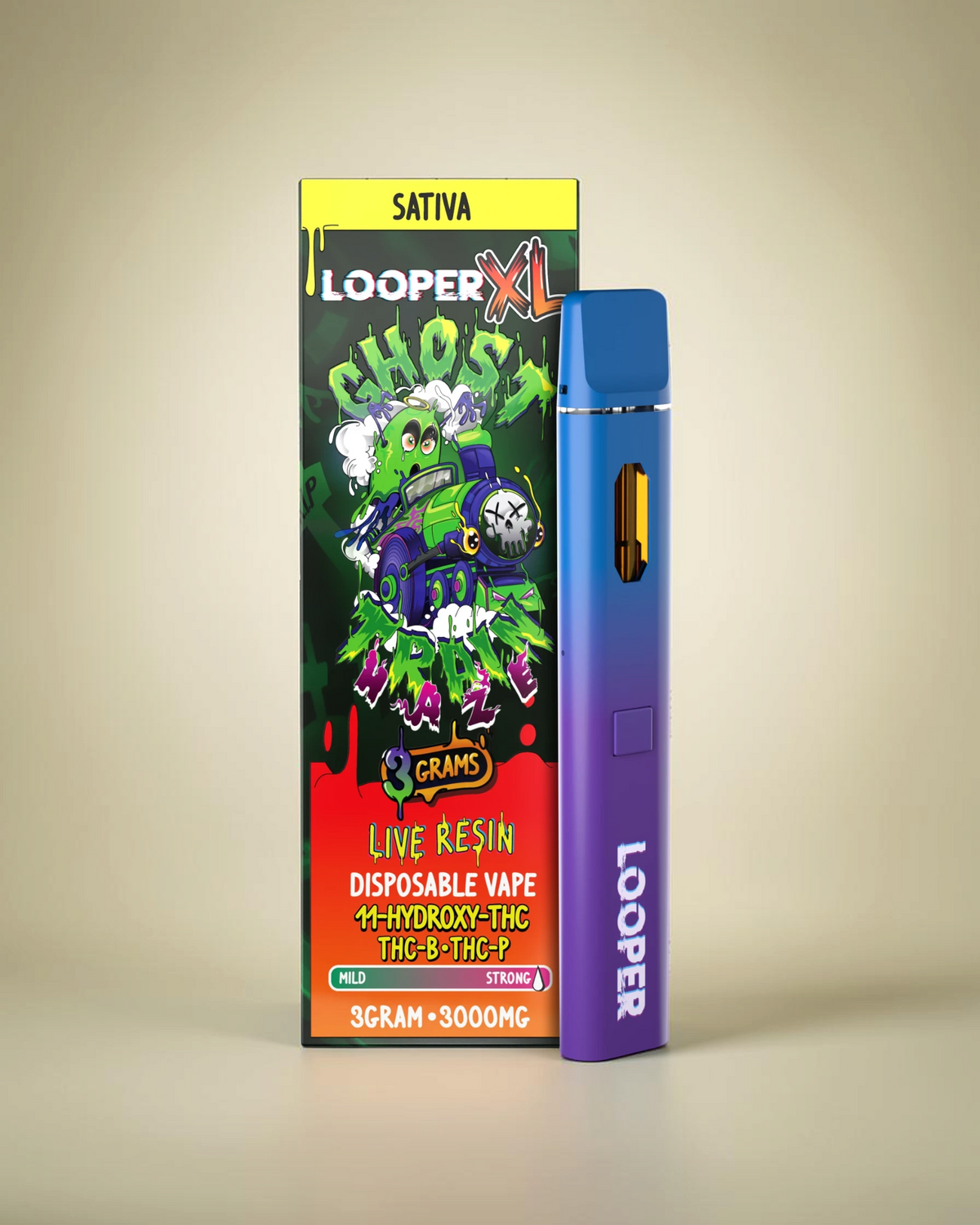 Vapeador desechable Mi tienda Looper XL de 3 gramos con acabado degradado azul y violeta y empaque Ghost Train Haze