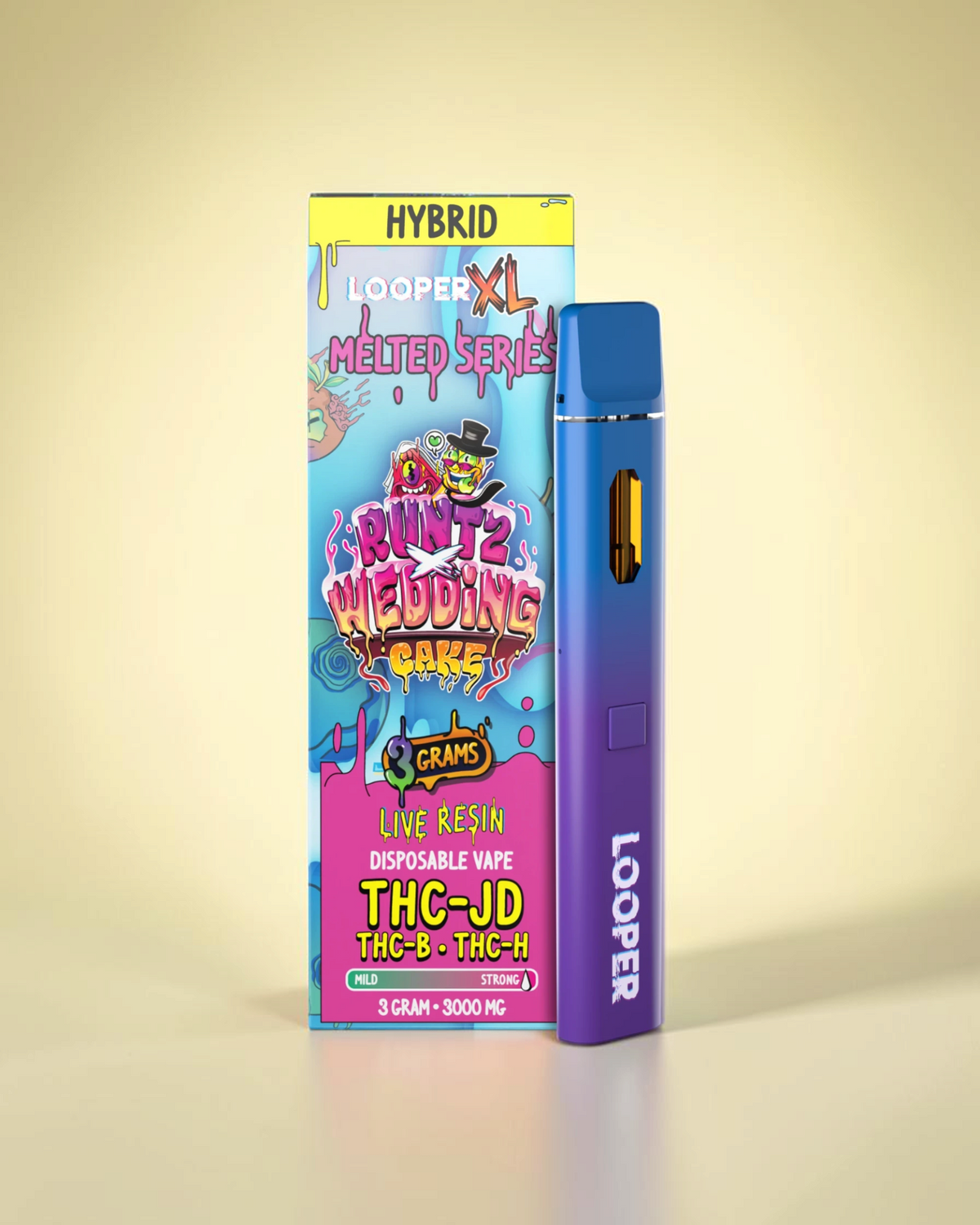 Vaporizador desechable Mi tienda Looper XL con acabado degradado azul y violeta y empaque de 3 gramos Runtz Wedding Cake