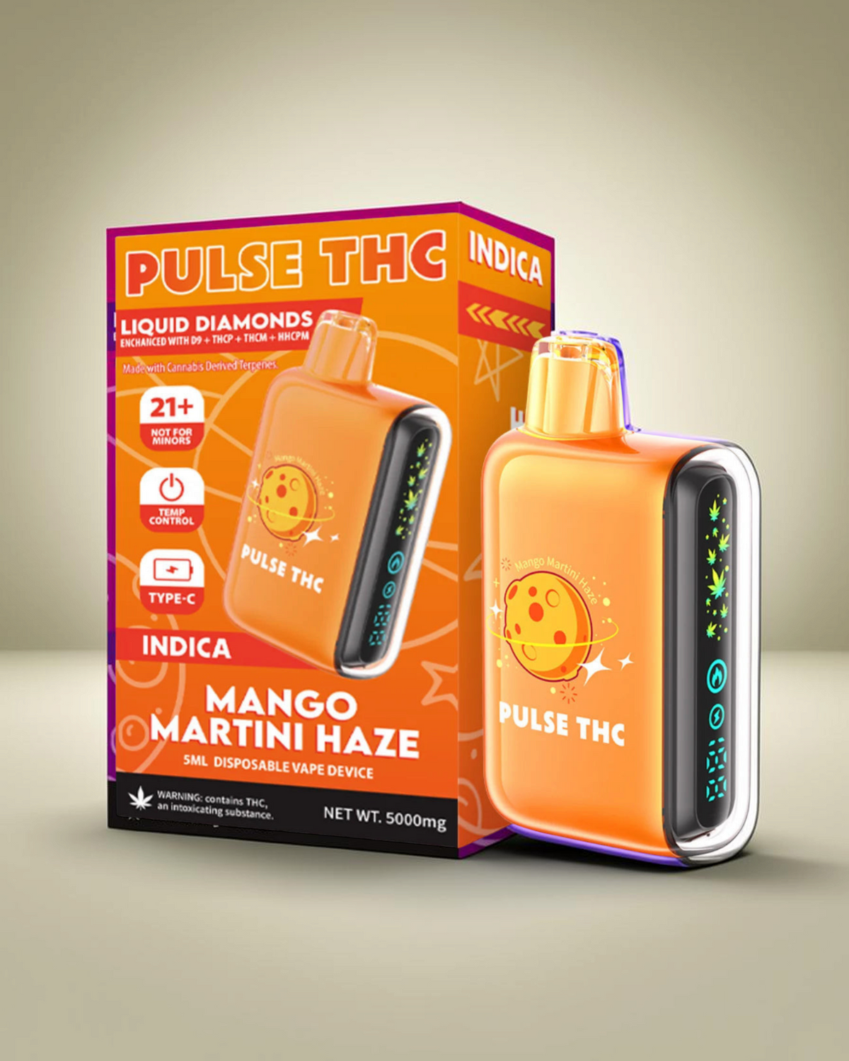 Vaporizador desechable Mi tienda Pulse THC Mango Martini Haze con pantalla digital y diseño ergonómico naranja