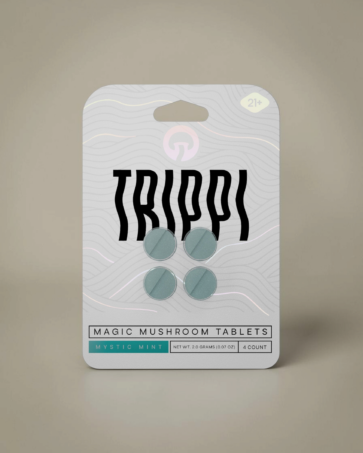 Tabletas comestibles de hongos Mi tienda TRIPPI sabor Mystic Mint en empaque de cuatro unidades para adultos.