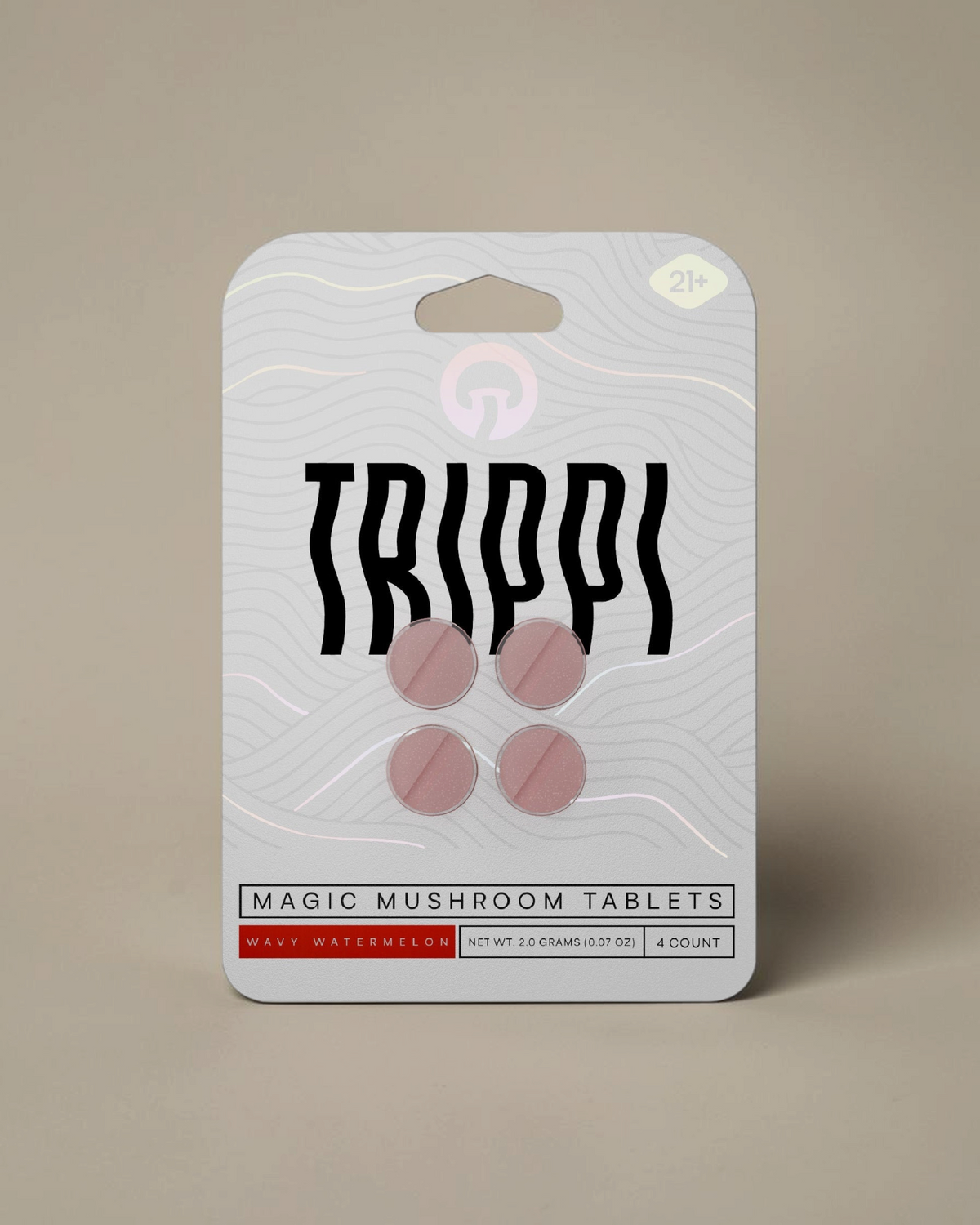 Tabletas comestibles de hongos Mi tienda Trippi sabor Wavy Watermelon en empaque de cuatro unidades para adultos.