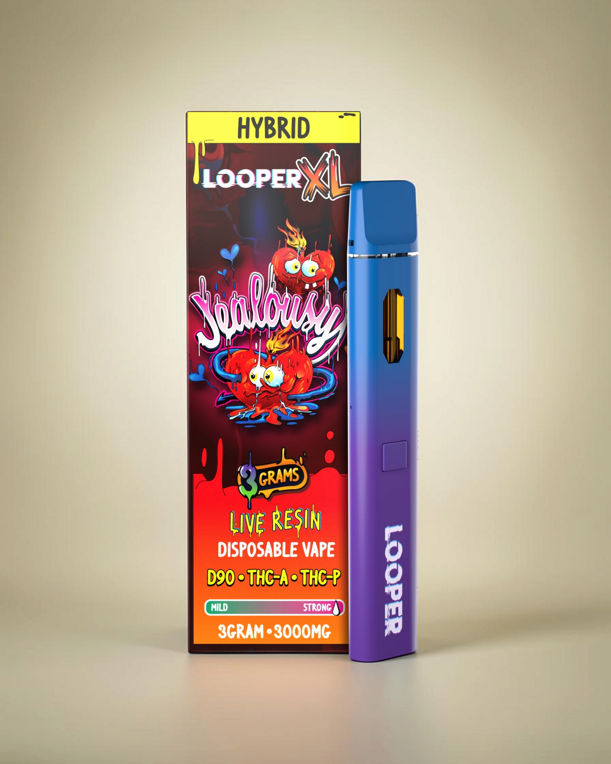 Vapeador desechable Mi tienda Looper XL de 3 gramos con diseño degradado azul y violeta y caja de empaque