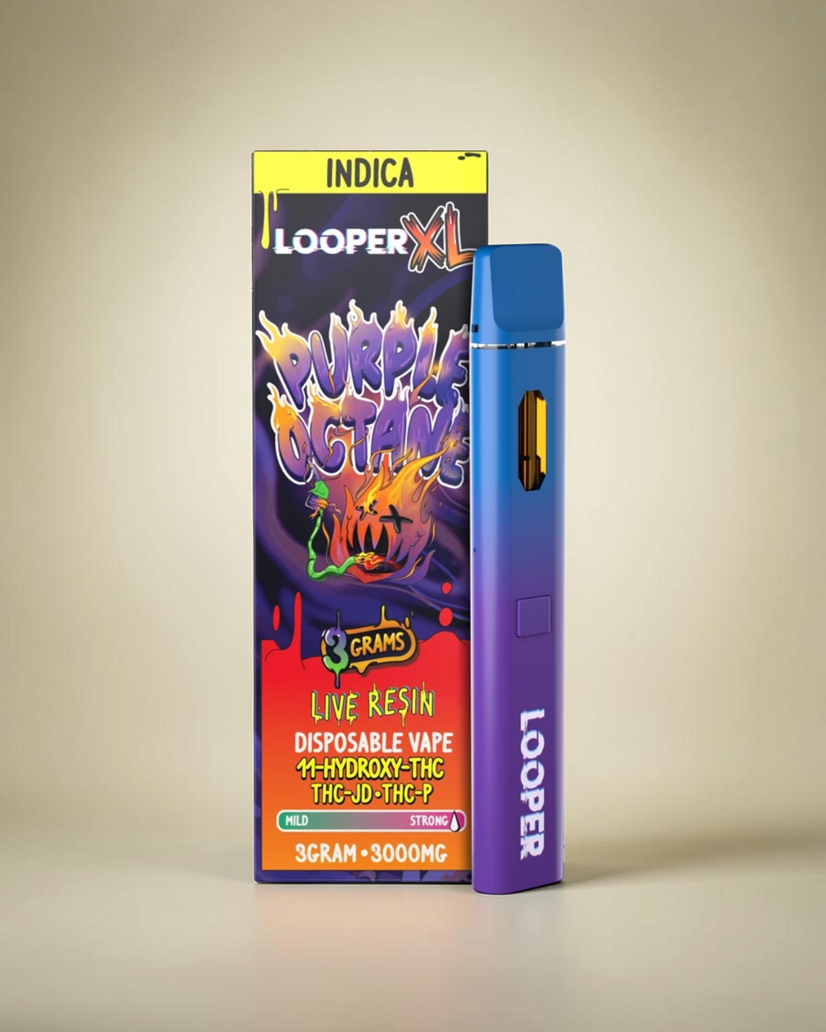 Vapeador desechable Mi tienda Looper XL Purple Octane con diseño degradado azul y violeta y 3 gramos de resina viva