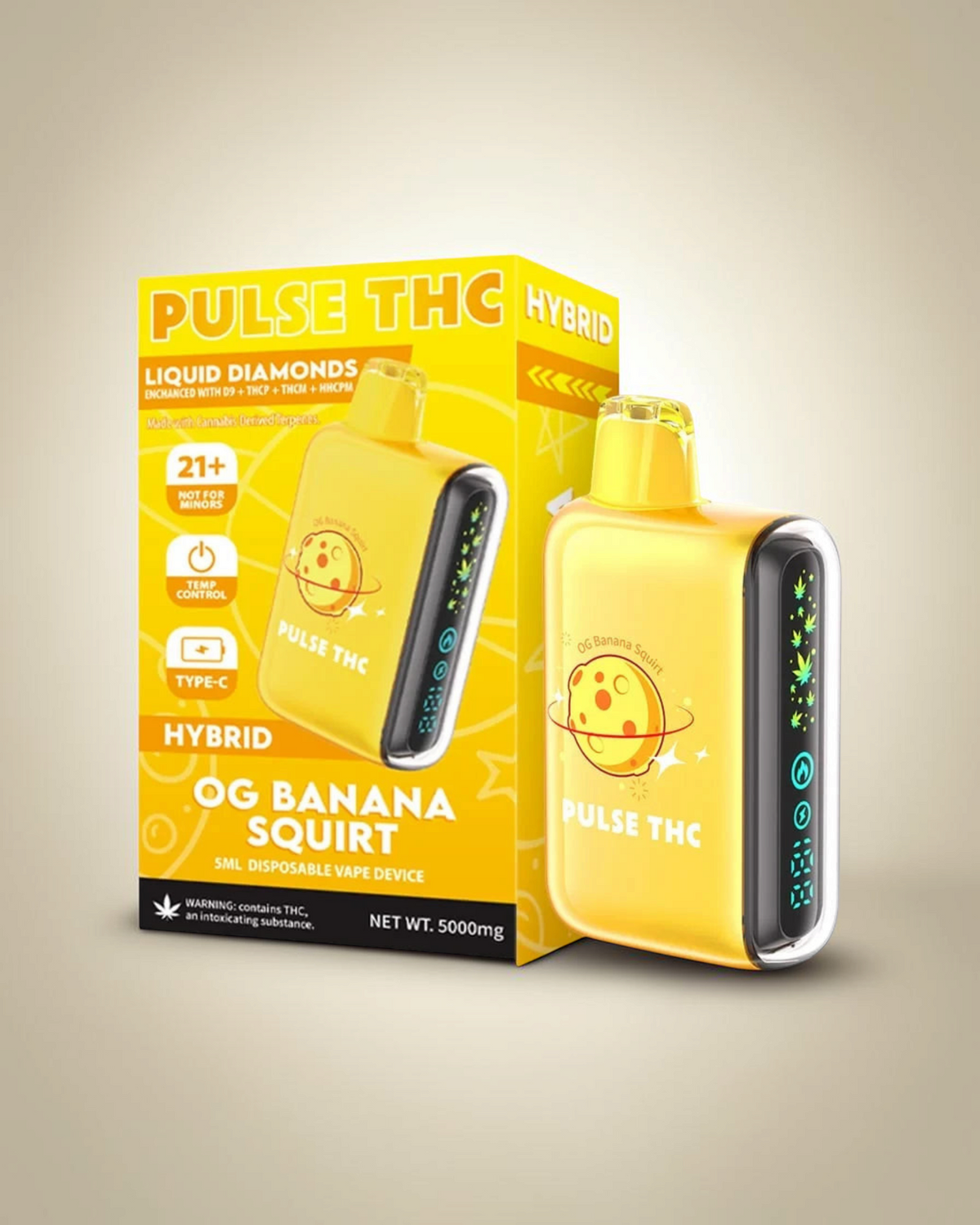 Vapeador desechable Mi tienda Pulse THC color amarillo con pantalla digital y diseño de planeta en su empaque