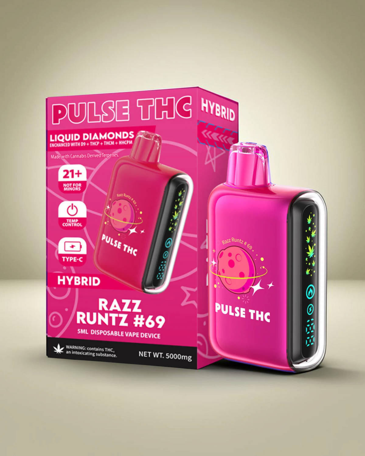 Vapeador desechable Mi tienda Pulse THC Razz Runtz #69 color rosa con pantalla digital y diseño ergonómico
