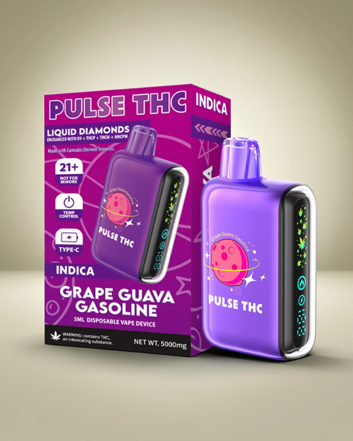 Dispositivo desechable Mi tienda Pulse THC sabor Grape Guava Gasoline con pantalla digital y diseño ergonómico morado