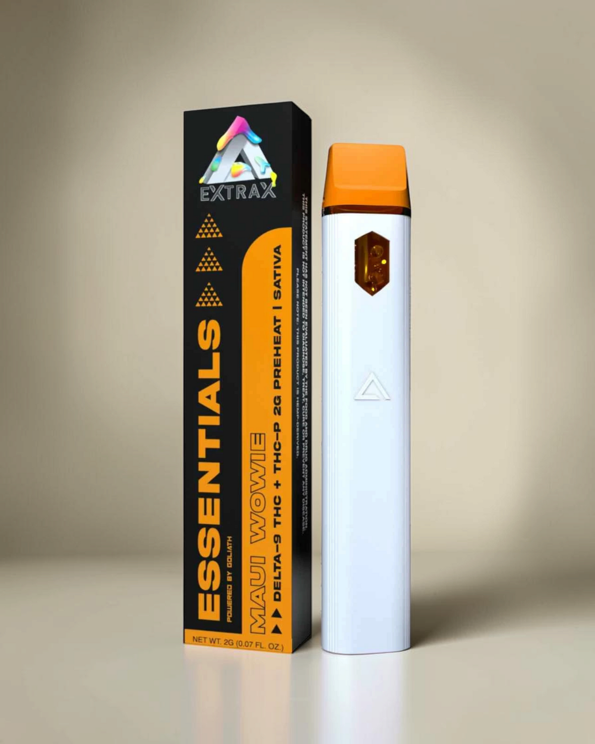 Vaporizador desechable Mi tienda Extrax Essentials blanco de 2g con boquilla naranja y caja de empaque