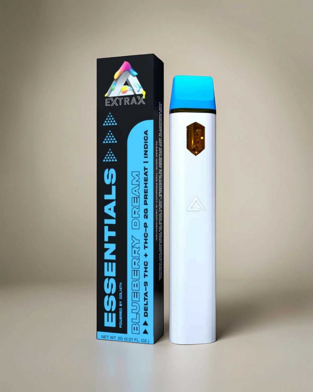 Vaporizador desechable Mi tienda Extrax Essentials de 2g en color blanco con boquilla azul y caja de empaque