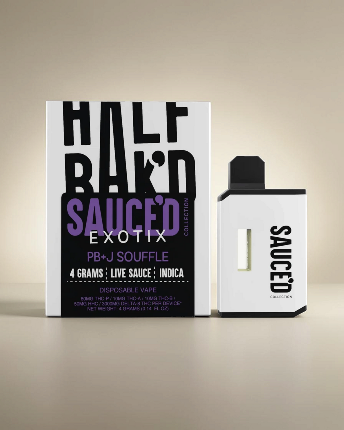 Vaporizador desechable Mi tienda Half Bak'd SAUCE'D Exotix PB+J Souffle de 4 gramos con diseño blanco minimalista