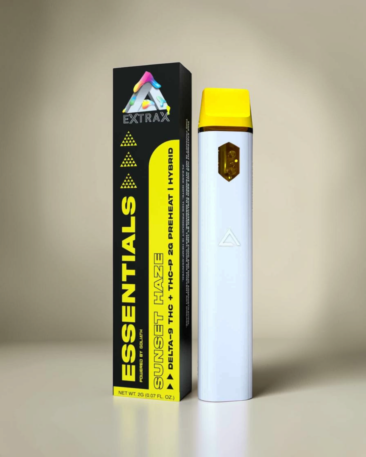 Vaporizador desechable Mi tienda Extrax Essentials blanco de 2g con boquilla amarilla y caja de empaque Sunset Haze