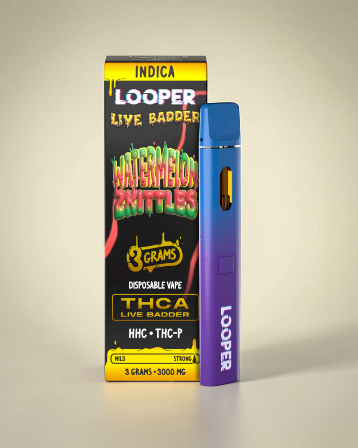 Vaporizador desechable Mi tienda Looper XL con acabado degradado azul y violeta y caja de Watermelon Zkittles