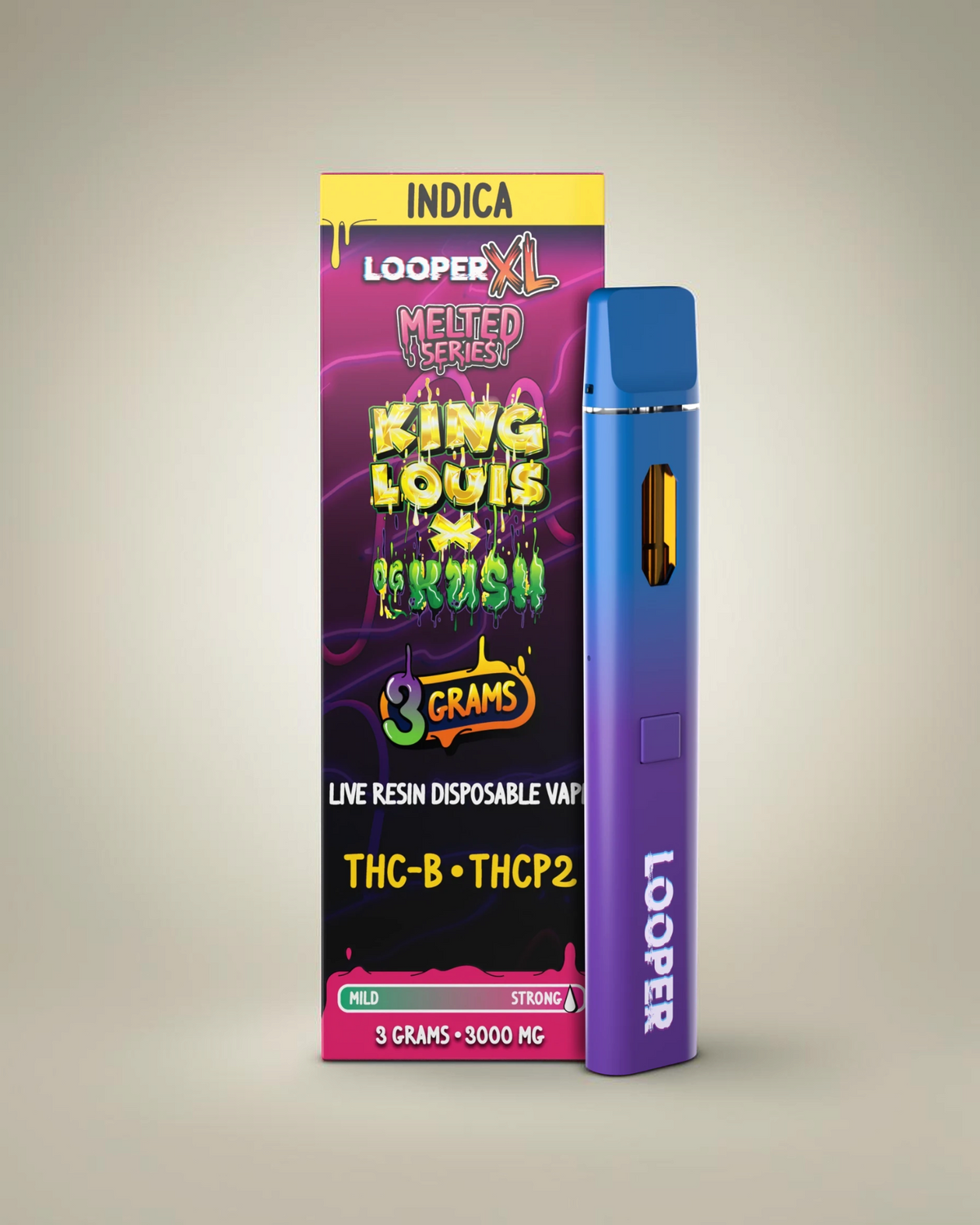 Vaporizador desechable Mi tienda Looper XL de 3 gramos con diseño degradado azul y violeta y resina viva