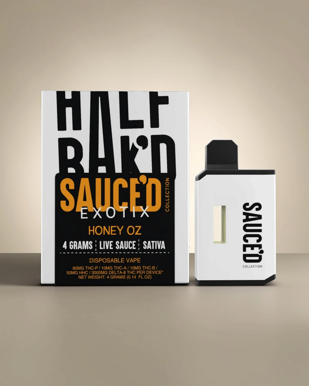 Vaporizador desechable Mi tienda SAUCE'D Exotix Collection Honey Oz de 4 gramos con diseño blanco minimalista