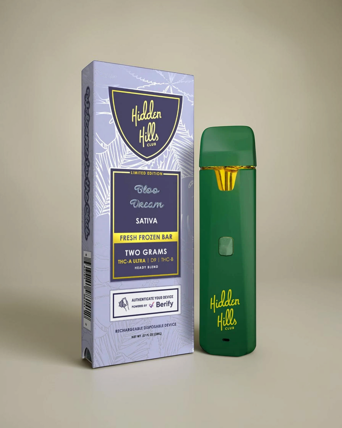 Vaporizador desechable recargable Mi tienda Hidden Hills Club en color verde con caja de empaque lila